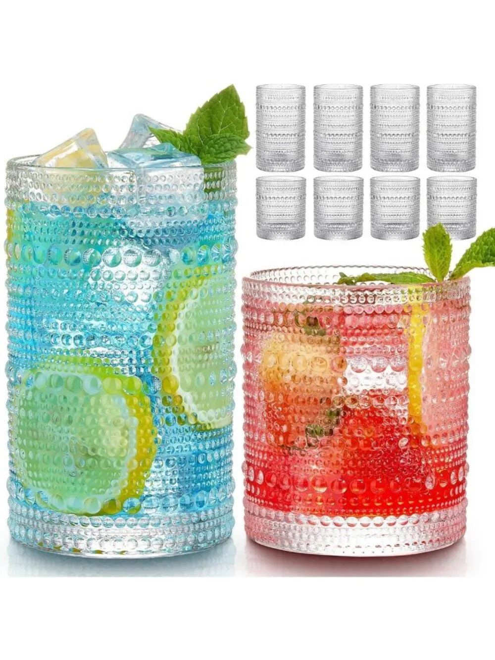 Vintage Hobnail Glasses Set of 8 - 12oz Highball & 10oz Cocktail Tumblers for